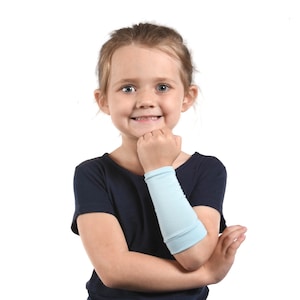 KIDS Arm Sleeve, Light Blue Forearm Cover, Long Cuff Costume Accessory Pastel Boy Girl Arm Sleeve Extender Warmer Scar Eczema Protection image 1