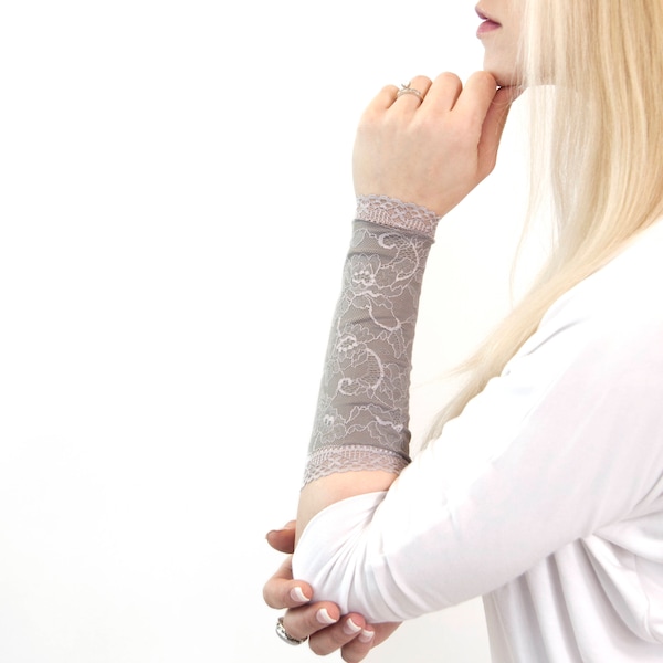 Long Lace Arm Cuff Bracelet, Lace Wrist Cuff, Grey Tattoo Cover Up Arm Tattoo Covers Silver Long Lace Arm Band Sleeve Extender, Scar Cover