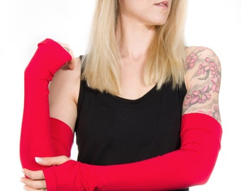 Red Fingerless Gloves, Long Fingerless Gloves Women, Red Gloves Long Arm Warmers Costume Gloves Biking Arm Cover Tattoo Cover Up Yoga Gloves