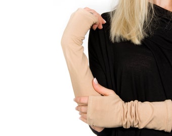 Tan Fingerless Jersey Gloves: Long Arm Warmers, Tattoo Cover