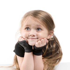 Kids Fingerless Gloves: Dark Grey Jersey Hand Warmers