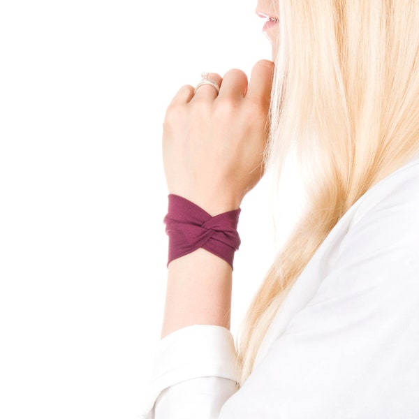 Burgundy Bracelet Cuff, Wrist Cuffs, Maroon Bracelet,  Fabric Cuff Bracelet, Twist Bracelet Bow Bracelet, Wrist Tattoo Cover Up Wrist Covers