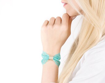 Lace Cuff, Bow Bracelet Cuff, Teal Bracelet, Lace Wrist Cuff Bracelet, Faux Leather, Aqua Bracelet, Wrist Tattoo Cover Up Wrist Covers