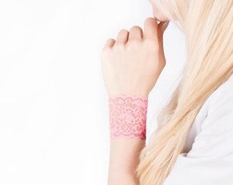 Pink Lace Bracelet, Wrist Cuff Bracelet, Lace Bracelet, Pink Bracelet, Stretch Wristband Wrist Tattoo Cover Up, Wrist Cover, Nursing Cover