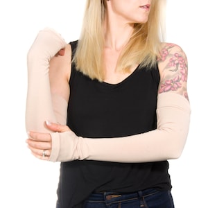 Extra Long Fingerless Gloves: Tan Jersey Thumbhole Arm Warmers