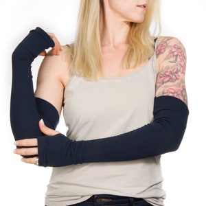 Long Navy Fingerless Gloves: Jersey Arm Warmers, Tattoo Cover Up