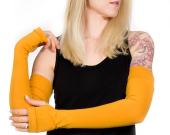 Mustard Gloves Long Fingerless Gloves, Arm Warmers, Elbow Length Gloves Costume Gloves Yellow Gloves, Arm Cover Tattoo Cover Up, Yoga Gloves