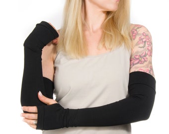 Long Black Fingerless Gloves: Jersey Arm Warmers, Tattoo Cover Up