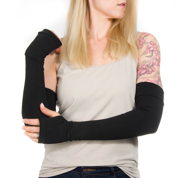 Long Black Fingerless Gloves: Jersey Arm Warmers, Tattoo Cover Up
