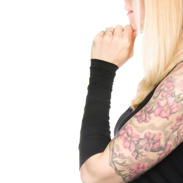 Black Arm Sleeves, Long Cuff Bracelet Wrist Cuff Black Forearm Cover, Tattoo Cover Up Arm Tattoo Covers Arm Band Sleeve Extender Warmer Scar