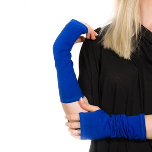 Blue Fingerless Gloves Women Blue Gloves Cobalt Gloves Long Arm Warmers Wrist Warmers Hand Warmer, Wrist Tattoo Cover Up Tardis Blue Gloves image 1