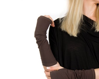 Brown Fingerless Gloves: Cotton Jersey Arm Warmers, Tattoo Cover Up