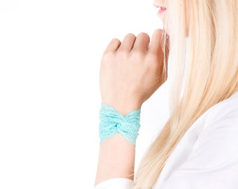 Lace Cuff Bracelet, Lace Wrist Cuff, Lace Bracelet, Aqua Bracelet, Twist Bracelet Wrist Cover Wrist Tattoo Cover Up, Teal Bracelet Women