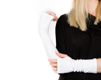 White Jersey Fingerless Gloves: Long Arm Warmers, Tattoo Cover Up