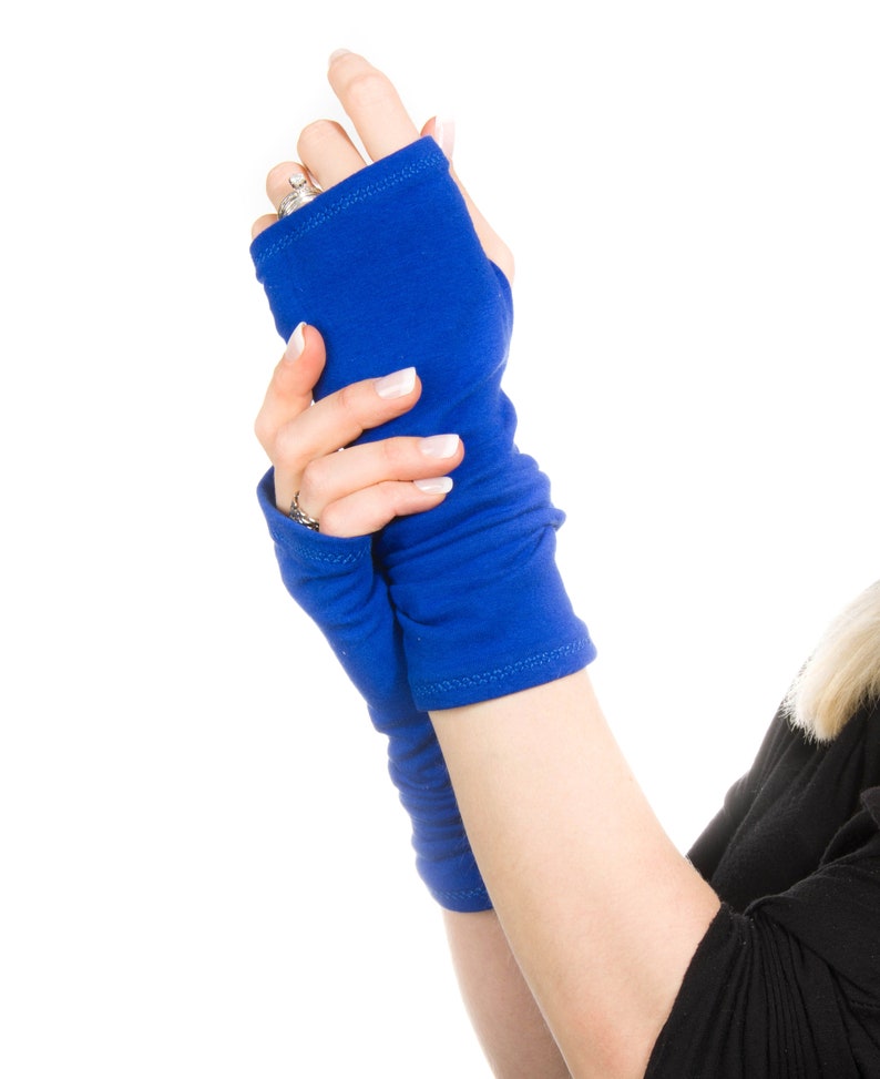 Blue Fingerless Gloves Women Blue Gloves Cobalt Gloves Long Arm Warmers Wrist Warmers Hand Warmer, Wrist Tattoo Cover Up Tardis Blue Gloves image 2