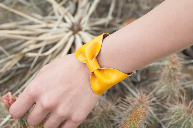 Yellow Bow Cuff Bracelet, Bow Bracelet, Wide Cuff Bracelet, Yellow Wristband, Faux Leather Vegan, Bow Tie Wrist Tattoo Cover Up Wrist Cover image 3