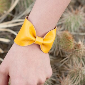Yellow Bow Cuff Bracelet, Bow Bracelet, Wide Cuff Bracelet, Yellow Wristband, Faux Leather Vegan, Bow Tie Wrist Tattoo Cover Up Wrist Cover image 2