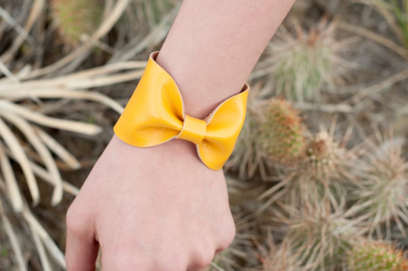 Yellow Bow Cuff Bracelet, Bow Bracelet, Wide Cuff Bracelet, Yellow Wristband, Faux Leather Vegan, Bow Tie Wrist Tattoo Cover Up Wrist Cover image 2