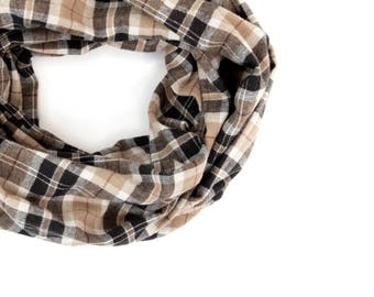 Brown Plaid Infinity Scarf, Flannel Scarf, Plaid Scarf Clothing Gift Wife Brown Scarf Tartan Plaid Scarf, Outdoors Gift Beauty Gift for Her