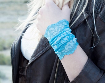 Lace Bracelet Wrist Cuff, Teal Wide Arm Band, Blue Beach Bridesmaid Bridal Wedding, Bohemian Wristband, Boho Cuffs, Tattoo Covers Cover Ups