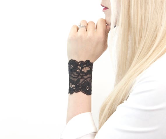 black Lace Wrist Cuff, Stretch Lace Bracelet, Arm Band, Tattoo Cover-Sleeve