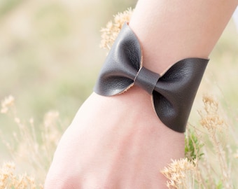 Smoke Grey Bow Vegan Leather Cuff Bracelet - Handmade