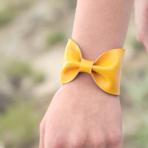 Yellow Bow Cuff Bracelet, Bow Bracelet, Wide Cuff Bracelet, Yellow Wristband, Faux Leather Vegan, Bow Tie Wrist Tattoo Cover Up Wrist Cover image 1