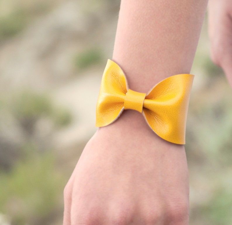 Yellow Bow Cuff Bracelet, Bow Bracelet, Wide Cuff Bracelet, Yellow Wristband, Faux Leather Vegan, Bow Tie Wrist Tattoo Cover Up Wrist Cover image 1