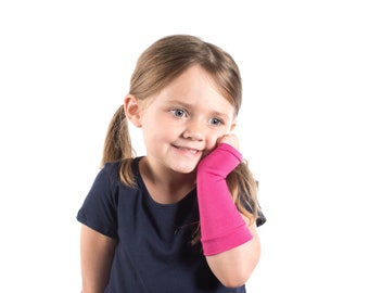 Long Pink Fingerless Gloves: Kids Jersey Hand Warmers