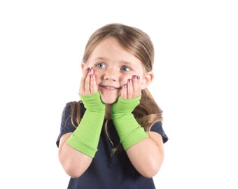 Long KIDS Fingerless Gloves, Bright Green Child Gloves, Green Princess, Fingerless Gloves Toddler Fingerless Costume Gloves Superhero Gloves