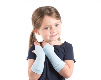 Light Blue Kids Fingerless Gloves: Long Jersey Hand Warmers, Toddler Costume Gloves