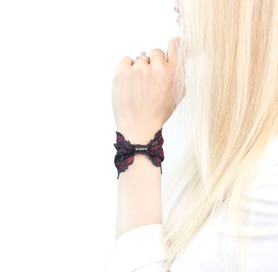 Black Lace Wrist Cuff Bracelet Bow Bracelet Red Bow Wide Bowtie Lace Bow Bracelet Wristband Gift for Her Wrist Tattoo Cover Up Wrist Covers