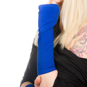 Blue Fingerless Gloves Women Blue Gloves Cobalt Gloves Long Arm Warmers Wrist Warmers Hand Warmer, Wrist Tattoo Cover Up Tardis Blue Gloves image 5