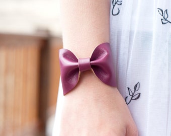 Bow Bracelet Cuff Purple Bracelet, Bow Tie Bracelet, Purple Bridesmaid Bracelet Wrist Tattoo Cover Up, Wrist Cover Wide Cuff Womens Gift