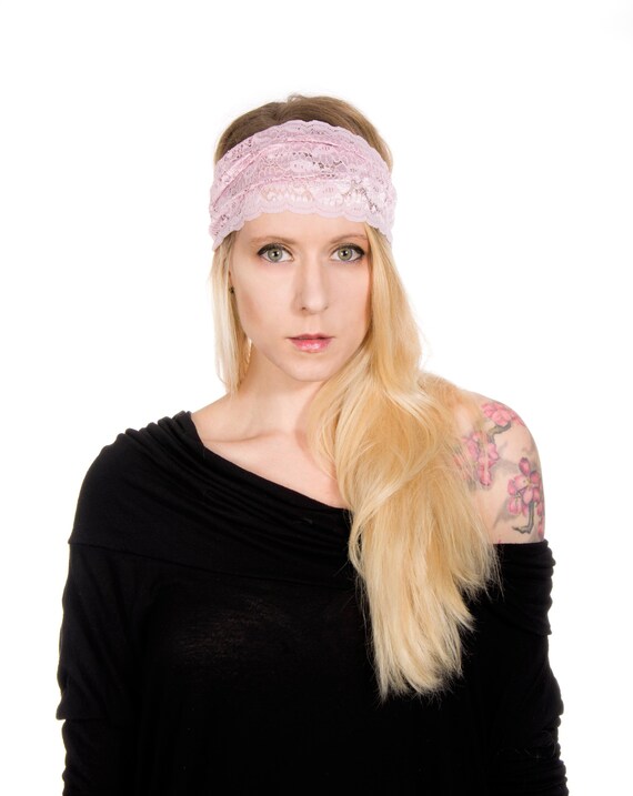 Handmade Pink Lace Headband: Wide Boho Head Wrap - Etsy display picture 1