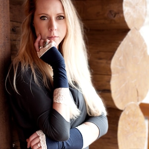 Lace Fingerless Gloves: Navy Jersey Arm Warmers, Tattoo Cover Up