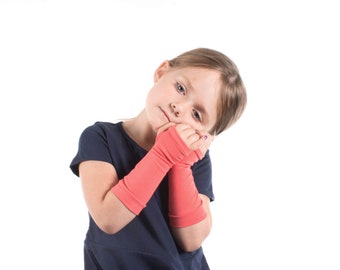 Long KIDS Fingerless Gloves, Coral Pink Child Gloves, Pink Fingerless Gloves Kids Hand Warmers Toddler Gloves, Coral Princess Costume Gloves