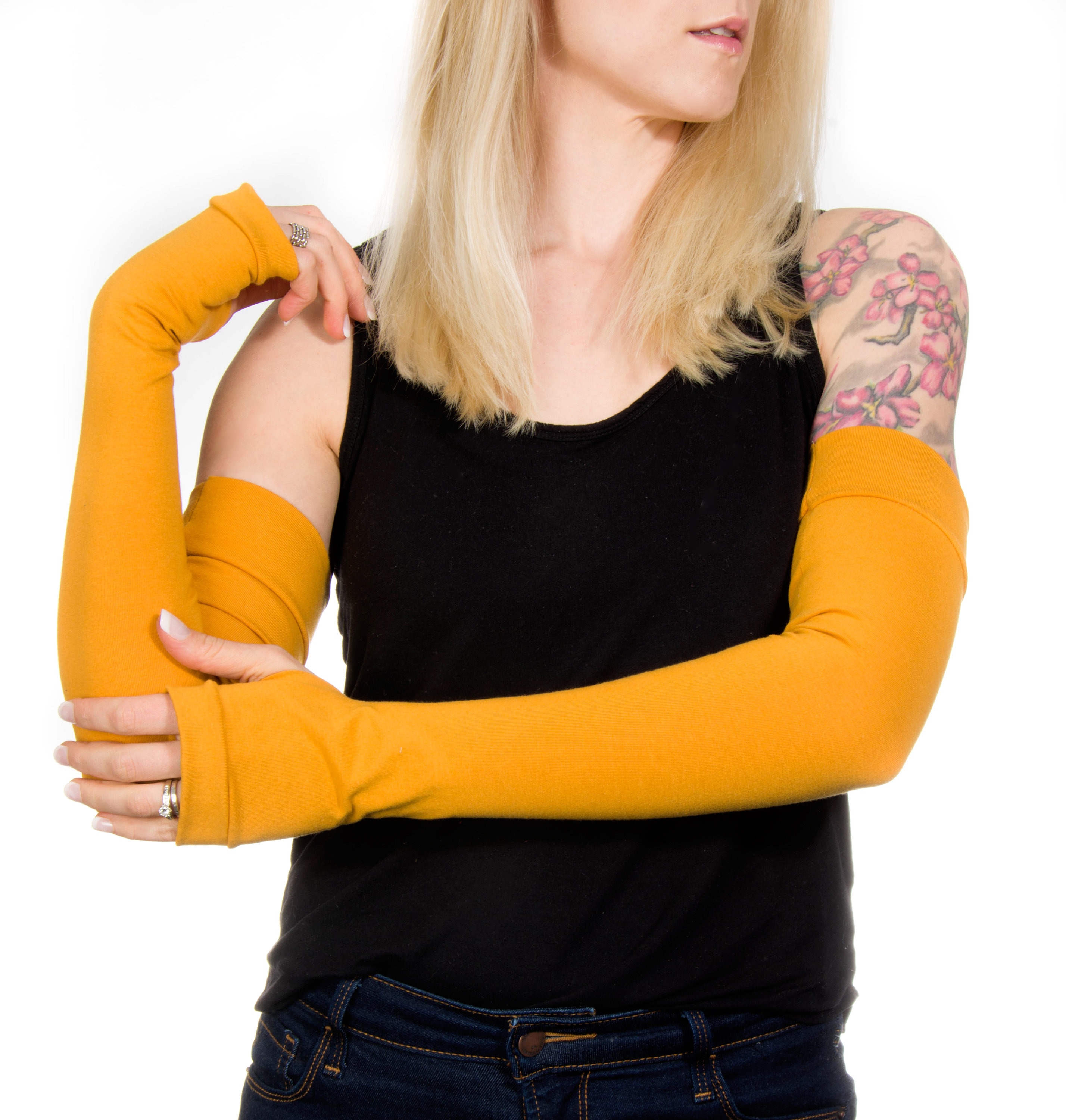 Mustard Fingerless Gloves: Long Jersey Arm Warmers, Tattoo Cover