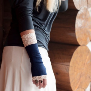 Lace Fingerless Gloves, Navy Blue Gloves, Long Arm Warmers, Womens Gift for Her Aunt Gift, Sister Gift, Wrist Warmers Wrist Tattoo Cover Up image 2