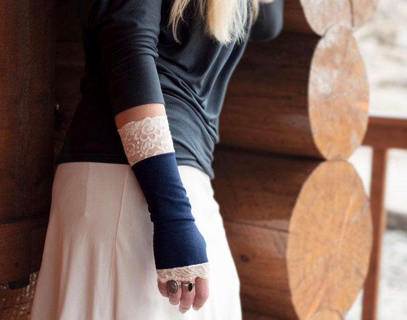 Lace Fingerless Gloves, Navy Blue Gloves, Long Arm Warmers, Womens Gift for Her Aunt Gift, Sister Gift, Wrist Warmers Wrist Tattoo Cover Up image 2