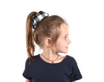 Buffalo Plaid Scrunchie, Black White Check Plaid Kids Scrunchie Large Pony Tail Holder, Child Pony Tail Dance Hairtie Flannel Fall Accessory