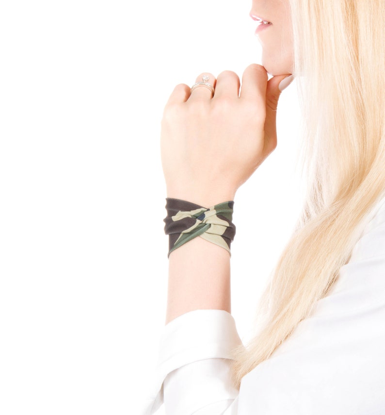 Camo Bracelet, Twist Cuff, Wrist Cuffs, Camouflage Bracelet, Twist Bracelet Bow Bracelet, Green Camo Cuff Wrist Tattoo Cover Up Wrist Covers image 1