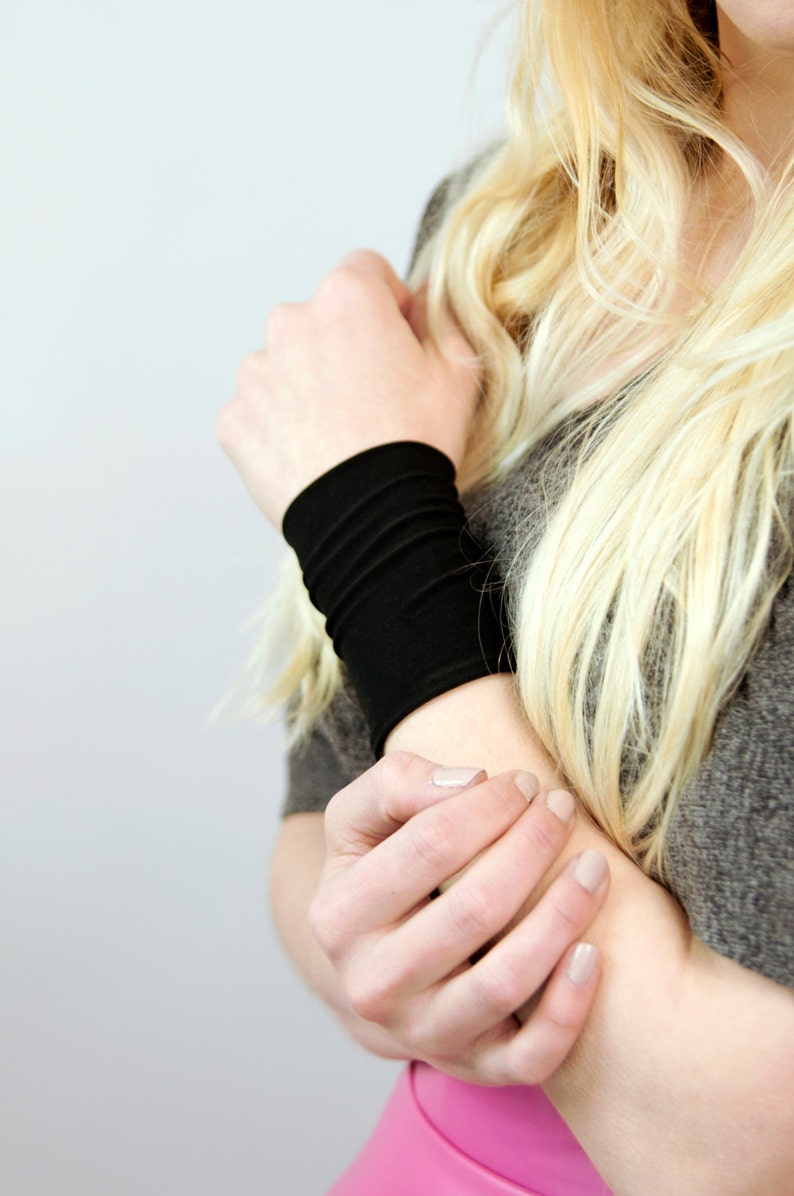 Black Wrist Cuff Bracelet, Black Arm Band, Black Bracelet, Stretch Cuffs, Wrist Tattoo Cover Up Wrist Covers Long Cuff, Wristband Scar Cover image 3