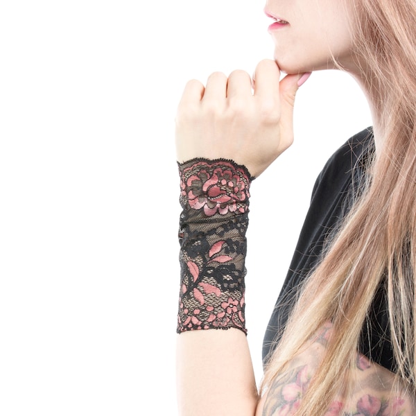 Black Lace Bracelet Cuff, Black Bracelet, Pink Stretch Cuffs, Black Lace Wrist Cuff Arm Band Wristband Wrist Tattoo Cover Up Floral Bracelet