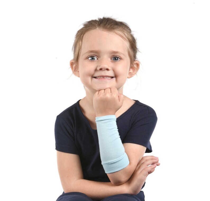 KIDS Arm Sleeve, Light Blue Forearm Cover, Long Cuff Costume Accessory Pastel Boy Girl Arm Sleeve Extender Warmer Scar Eczema Protection image 3