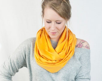 Yellow Infinity Scarf, Mustard Golden Scarves, Jersey Circle Scarf, Winter Cotton Loop, Gift for Her Womens Accessory Fall Womens Fashion