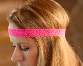 Adult Boho Headband, Hot Pink Skinny Lace Band, Stretchy Thin Head Piece, Women Stretch Forehead Hair Accessories, Fashion Head Bands