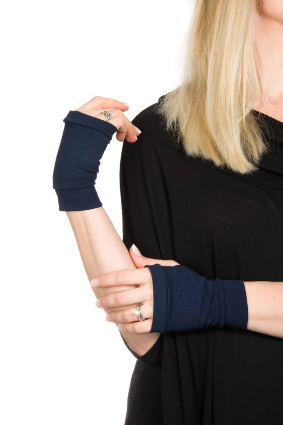 Navy Blue Fingerless Gloves: Short Jersey Hand Warmers - Etsy