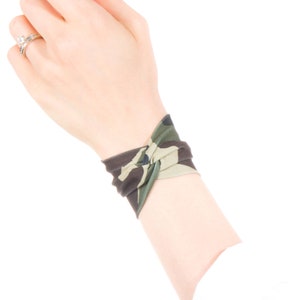 Camo Bracelet, Twist Cuff, Wrist Cuffs, Camouflage Bracelet, Twist Bracelet Bow Bracelet, Green Camo Cuff Wrist Tattoo Cover Up Wrist Covers image 4