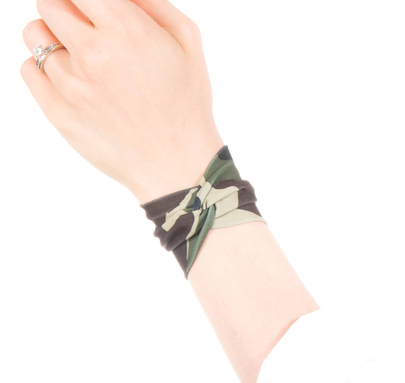 Camo Bracelet, Twist Cuff, Wrist Cuffs, Camouflage Bracelet, Twist Bracelet Bow Bracelet, Green Camo Cuff Wrist Tattoo Cover Up Wrist Covers image 4